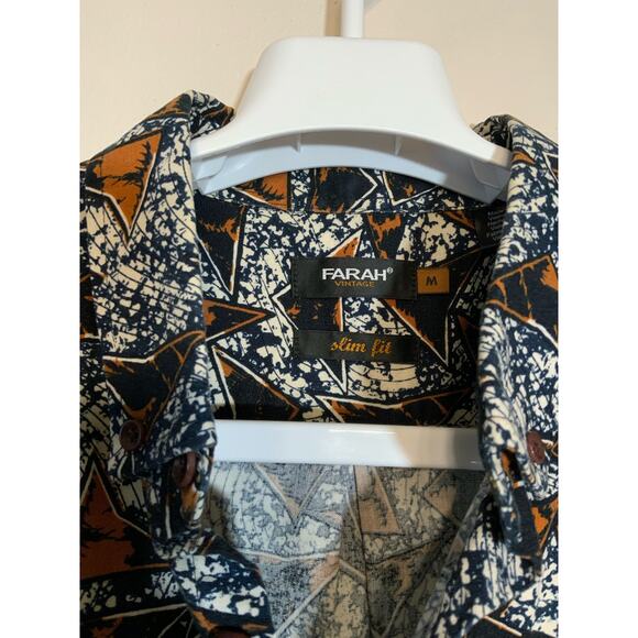 Farah Vintage 'Slim Fit' Mod Style Patterned Shirt Navy and Brown Men's Shirt - Picture 4 of 7